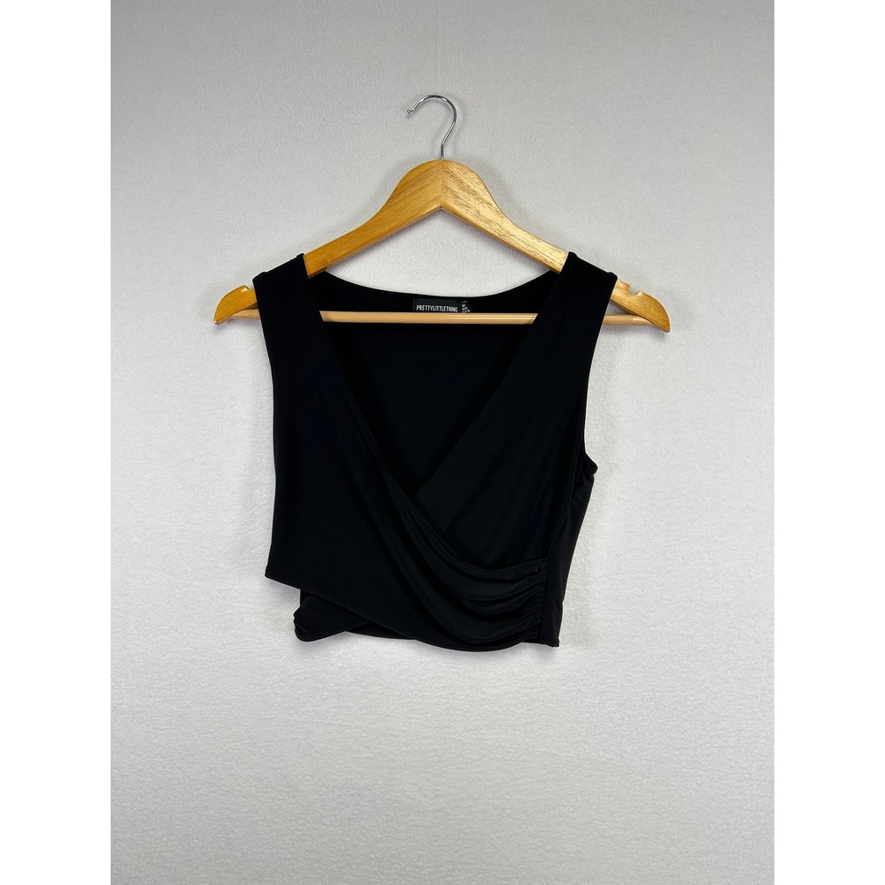 PrettyLittleThing Black Ruched Wrap V Neck‎ Sleeveless Crop Top Womens Size 4